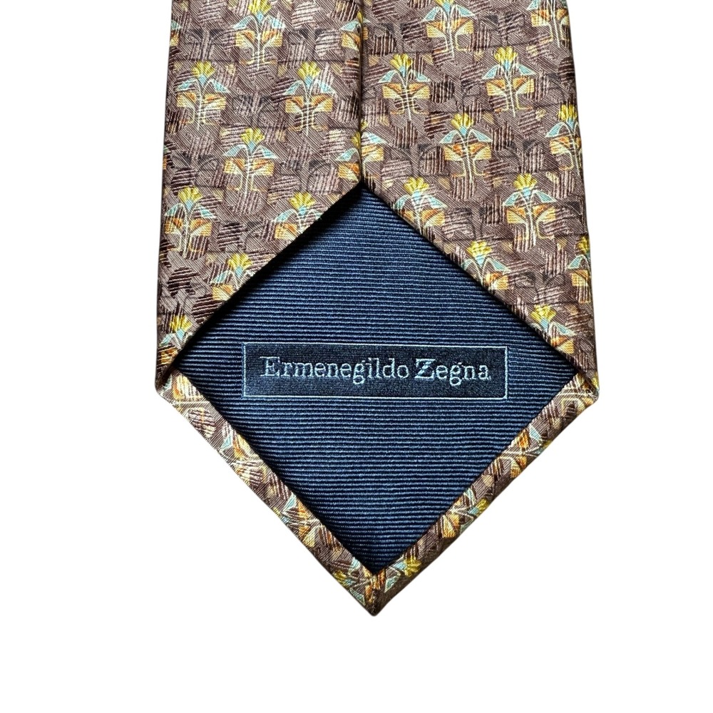 Ermenegildo Zegna Silk Jacquard Tie Brown Geometric Floral Designer Mens Italy - Picture 2 of 6